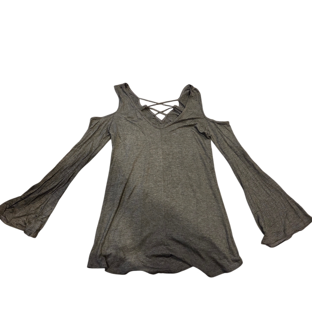 Ellie Mara Cold Shoulder Gray Bell Sleeve Top Blouse‎